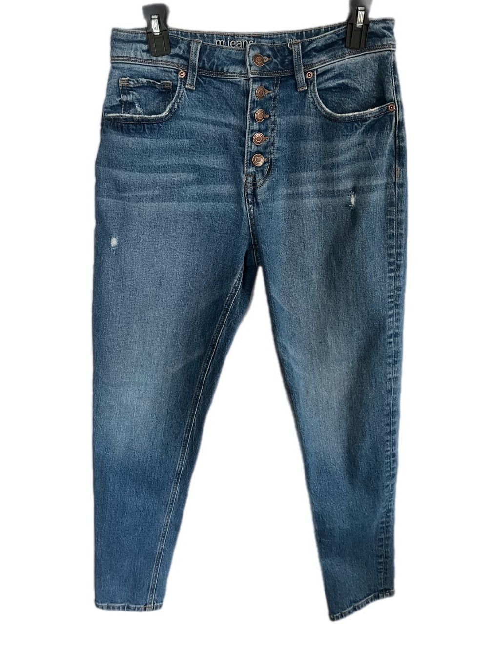 Maurices M Jeans Button Front High Rise Distressed Medium Wash Denim Skinny